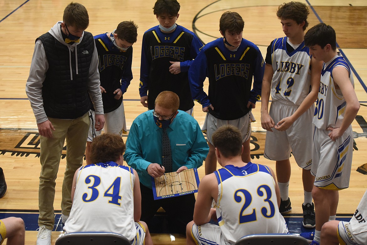 LOGGER COACH Josh Bean talks strategy during a timeout in the second half of the Loggers’ Jan. 14 game against Ronan. (Will Langhorne/The Western News)