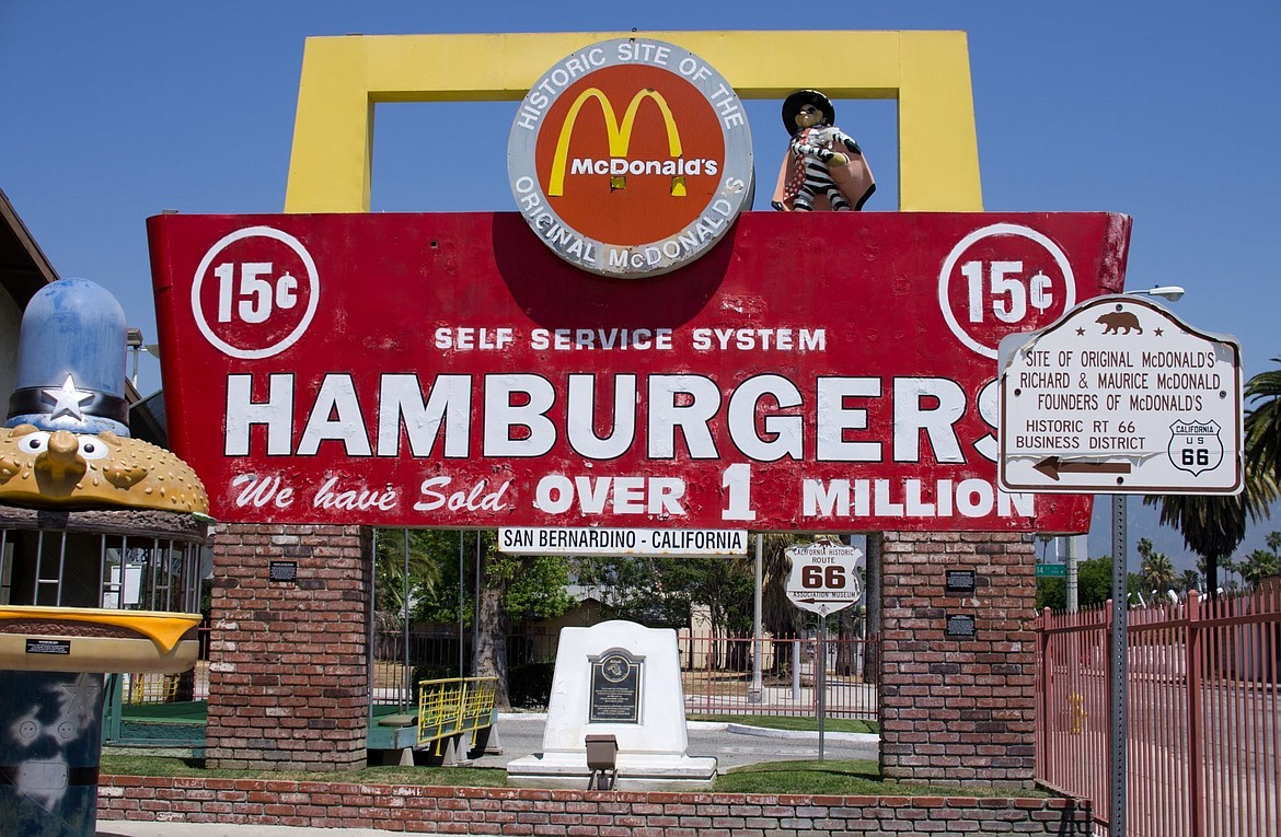 Founded in 1955, McDonald’s became a worldwide symbol of America, this photo showing the historic first McDonald’s site on the old Route 66 in San Bernardino, Calif.