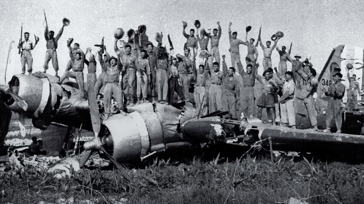 Jubilant Vietnamese Communists at Dien Bien Phu when French forces were decisively defeated, leading to America’s involvement in the Vietnam War (1954).