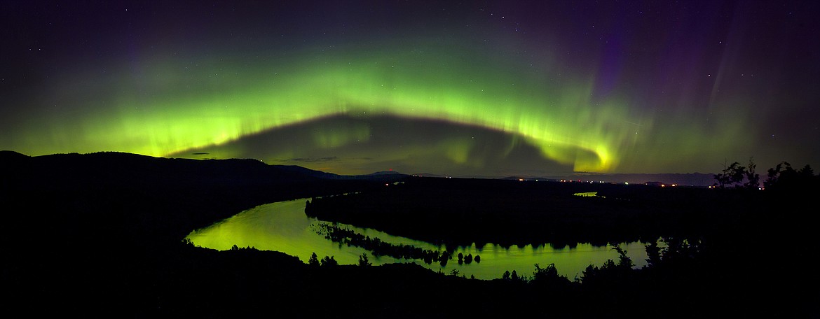 A Kp level above 8 produced this northern lights display over the Flathead River west of Ronan in 2017. (Jeremy Weber/Daily Inter Lake)