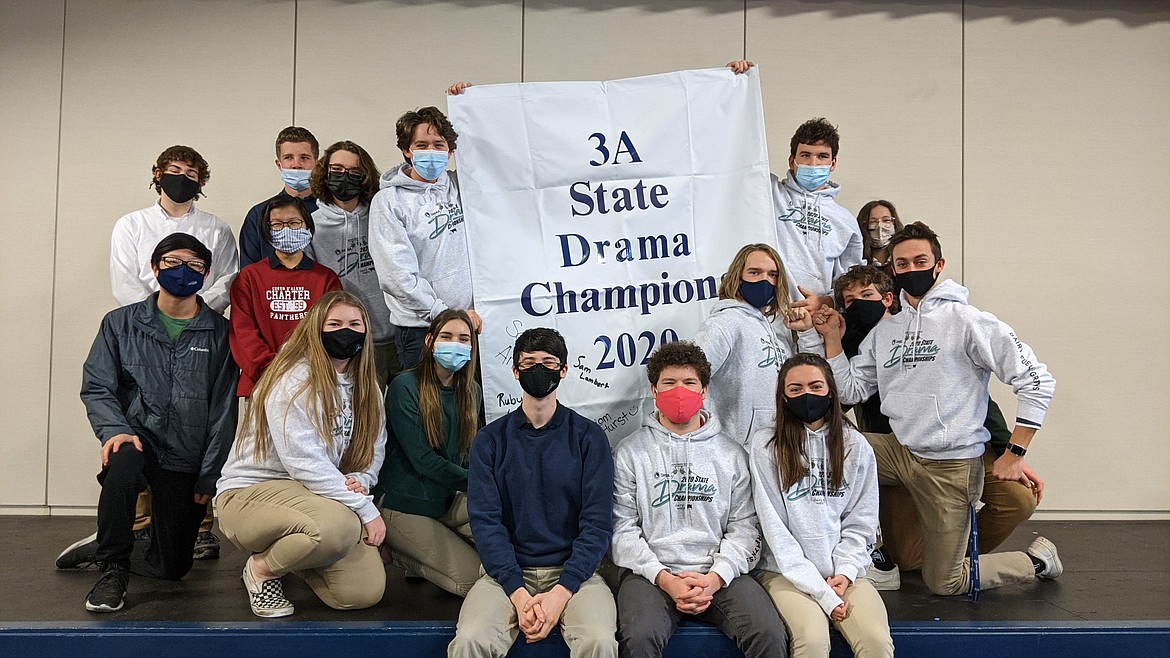 Coeur d'Alene Charter Academy brought home the 3A state championship for drama during the Idaho High School Activities Association competition in December. Left to right: Ryan Guan, Matthew Lambert, Ellen Midgley, Matthew Mahnke, Peyton Kellner, Jacob McGuaghey, Liam Hurst, Sophie Anderson, Fred Garcia, Jared Melton, Cyrus Vote, Kiley Cutler, Anson Wright, Sam Lambert, Ruby Larson and Ethan Reneau. Not pictured: Ellie Cook
