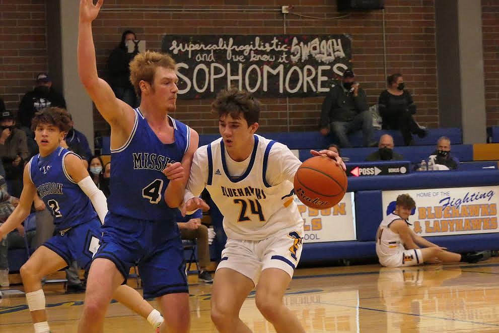 Thompson Falls’ Kade Pardee dribbles around Mission's Layne Spidel (4) during Thursday’s game at home. The Blue Hawks lost their first game of the season. (Chuck Bandel/Valley Press)