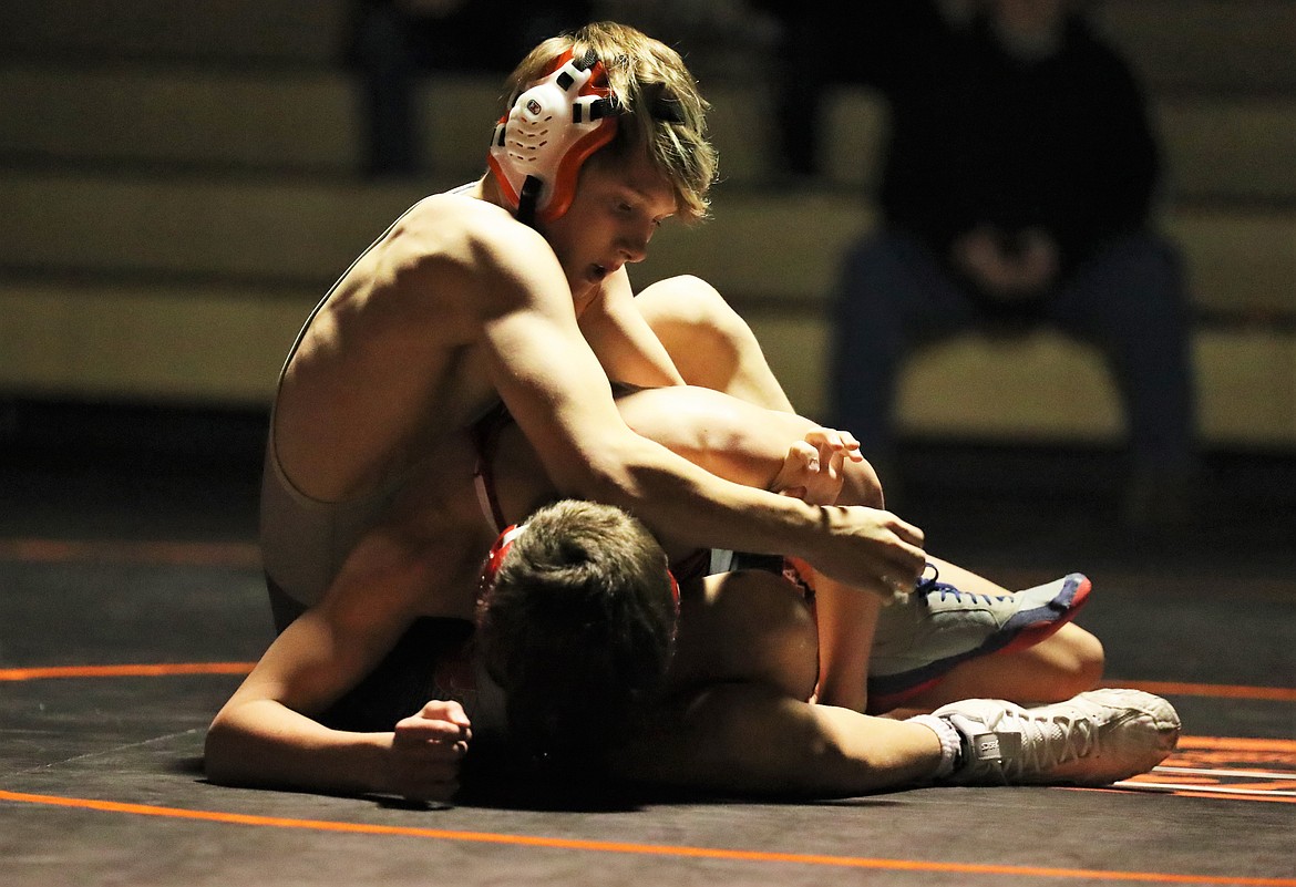 Priest River's Hayden Sorbel gains control of his opponent during a home dual with Moscow on Jan. 20.