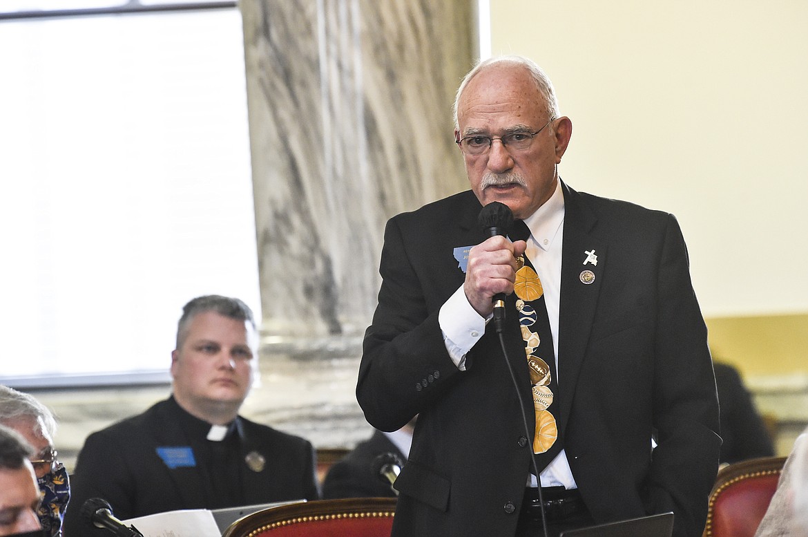 Rep. John Fuller, R-Whitefish, speaks on the house floor of the State Capitol in Helena, Mont. on Monday, Jan. 25, 2021. (Thom Bridge/Independent Record via AP)