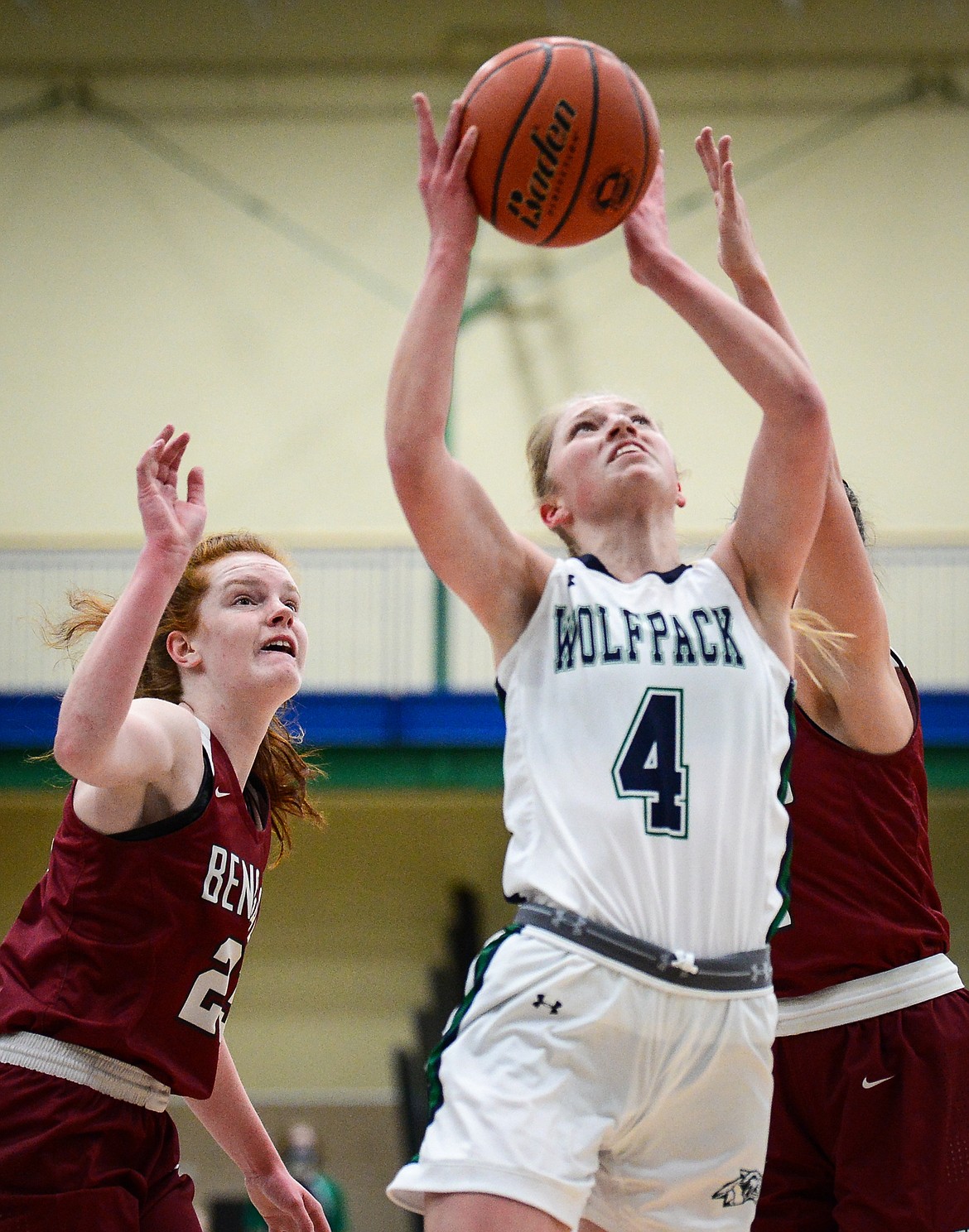 Glacier's Kaylee Fritz (4) goes to the hoop against Helena at Glacier High School on Thursday. (Casey Kreider/Daily Inter Lake)