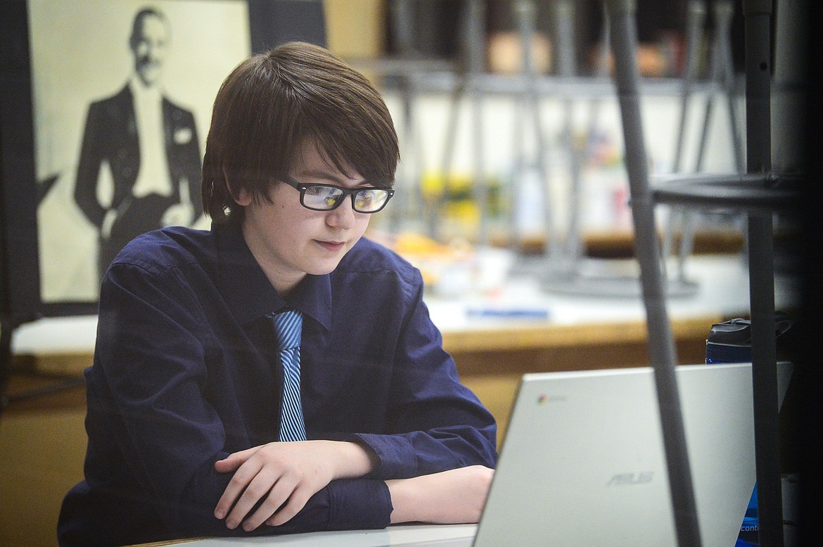 Flathead High School's Mason Hermann competes virtually in informative speaking in the state Class AA Speech Tournament on Friday, Jan. 29. Hermann's topic was British stage magician Jasper Maskelyne, who gained fame during World War II. (Casey Kreider/Daily Inter Lake)