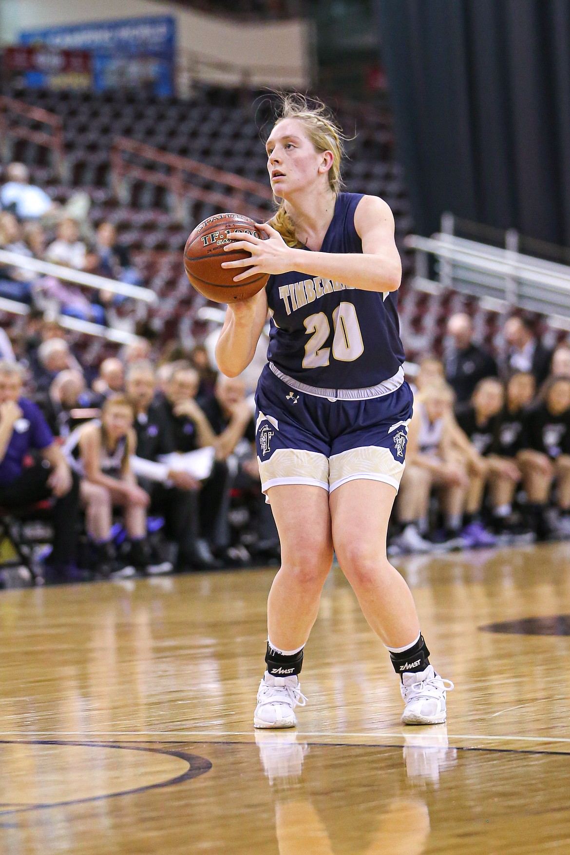 JASON DUCHOW PHOTOGRAPHY
Timberlake senior forward Brooke Jessen spots up to take a 3-pointer during the 2020 state 3A championship game against Snake River at the Ford Idaho Center in Nampa.