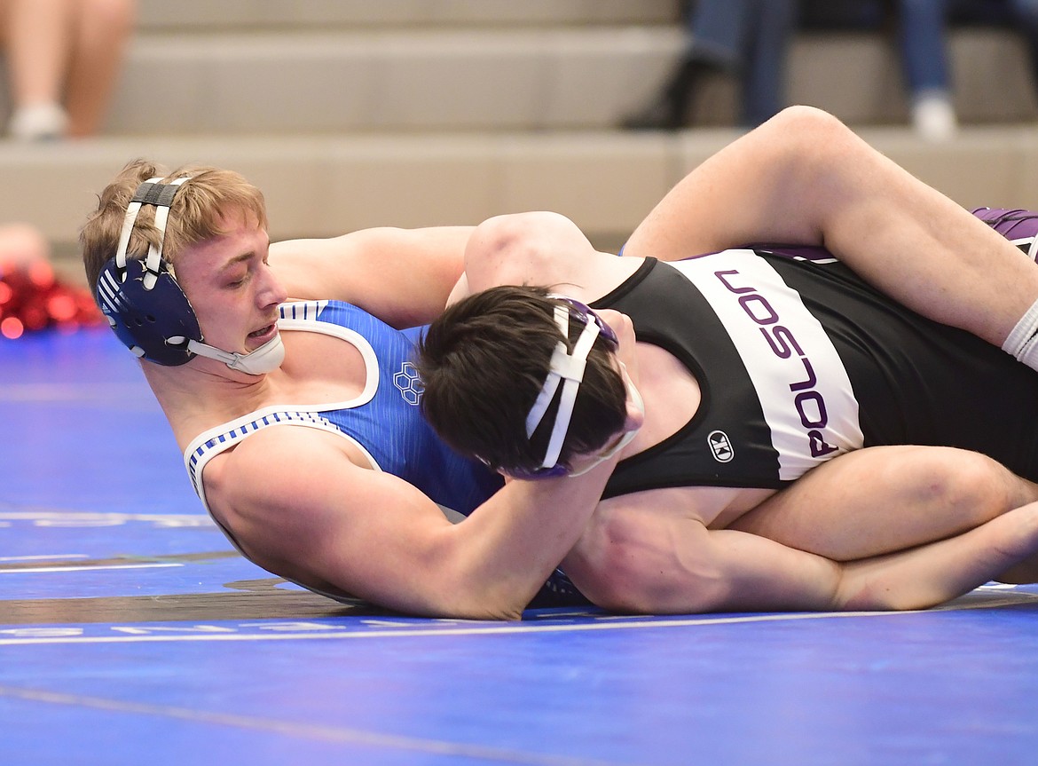 Lucas Thacker gets his three points near-fall in a match against Polson Saturday. (Teresa Byrd/Hungry Horse News)