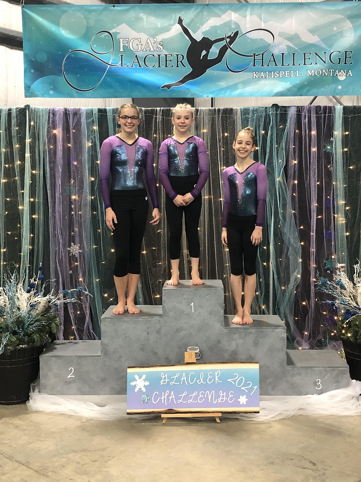 Courtesy photo
Avant Coeur Gymnastics Xcel Platinums took 3rd Place Team at the Glacier Challenge in Kalispell, Mont., Jan. 15-17. From left are Amberly Johnson, Dakota Hoch and Everly Desancic.