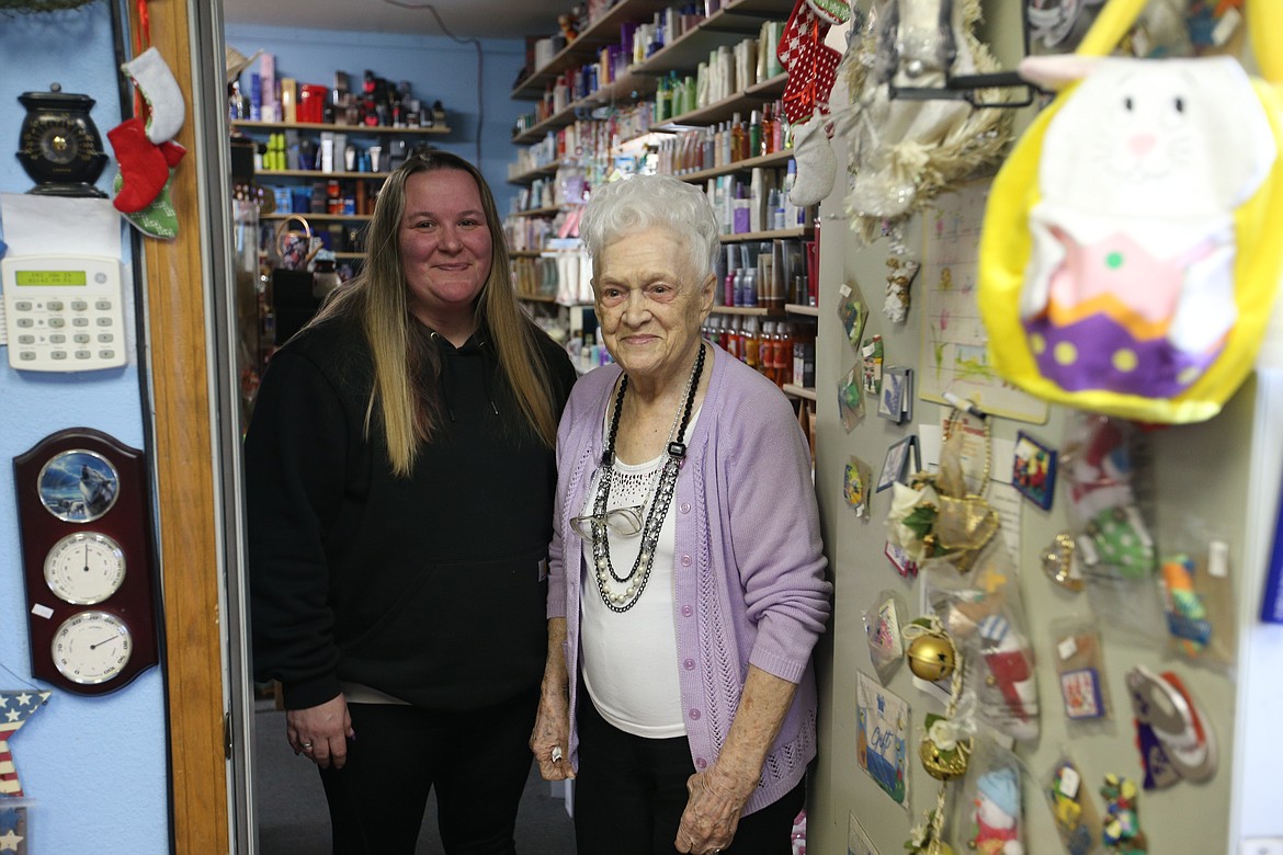 Rose Christmann and her granddaughter Carolyn Selander stand in her "Rose's Avon Shoppe" on Best Avenue.
