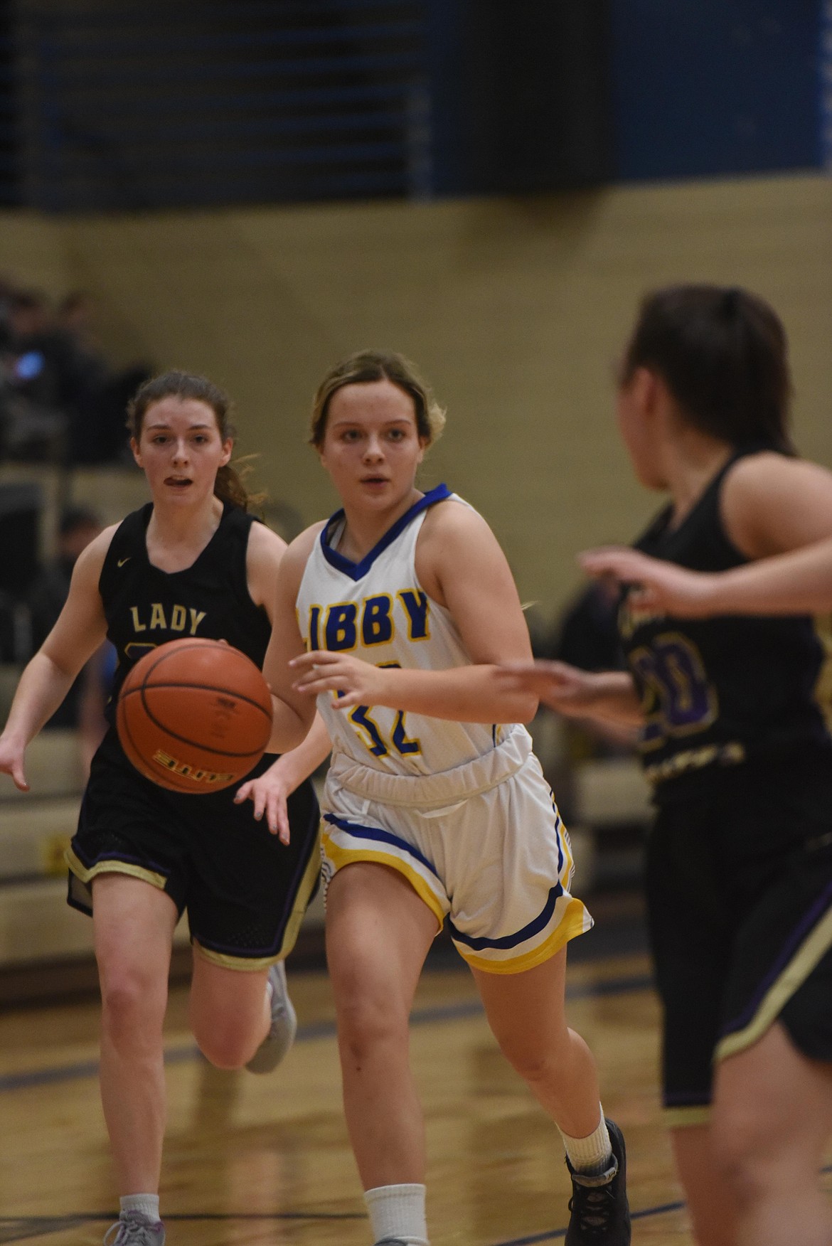 Libby sophomore Kinzee Boehmler drives the ball during the Lady Loggers Feb. 2 game against Polson. (Will Langhorne/The Western News)
