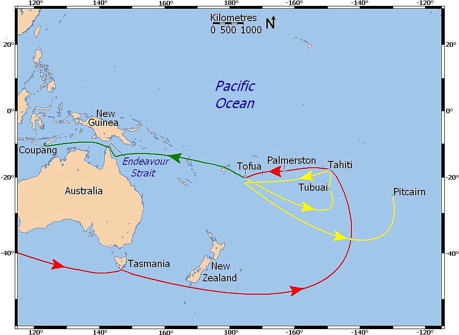 Captain Bligh’s sea path from England to Tahiti, then his route to Timor shown in a green dotted line from Tofua westward, after being set adrift in an open boat with 18 other crewmembers following the mutiny on the Bounty.