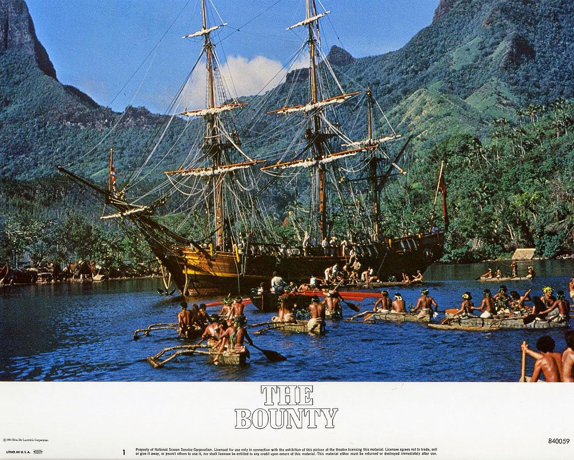 Scene of natives welcoming HMS Bounty to Tahiti from "Mutiny on the Bounty" movie (1962), starring Marlon Brando and Trevor Howard.