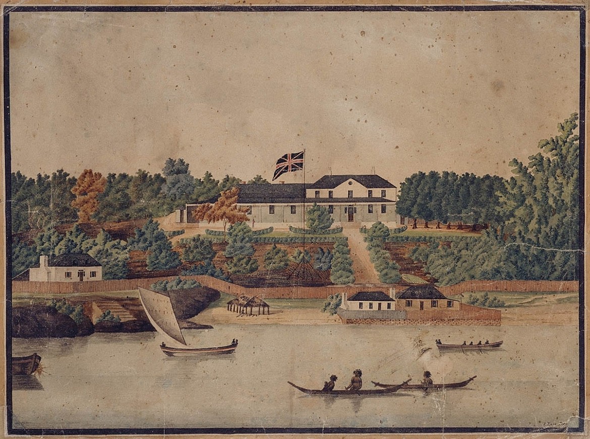 Painting of First Government House, Sydney, Australia, by John Eyre, where William Bligh served as governor from 1806 to 1808, seven years after the mutiny on the Bounty (c.1807).