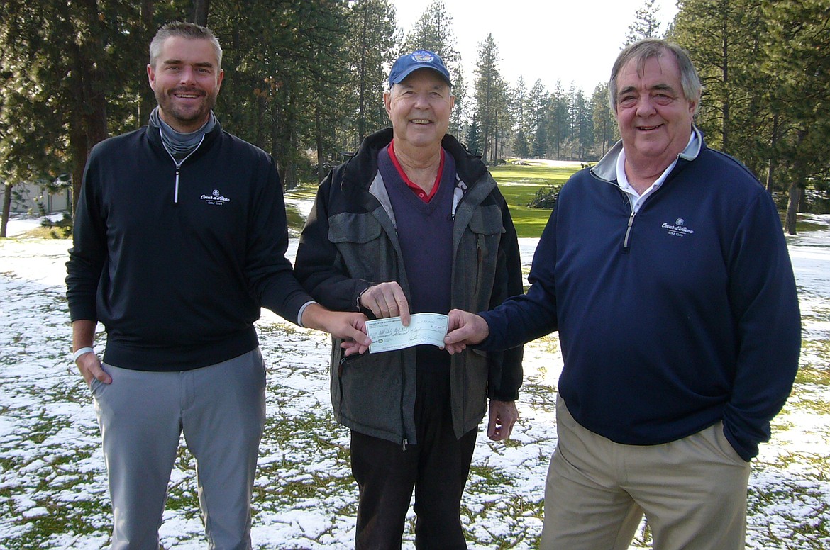 Coeur d’Alene Public Golf Club received a $10,000 contribution from the Friends Of CDA Public Golf to help with construction costs for an additional, fourth set of permanent tee boxes. 
The permanent forward tees will be used for PGA Junior League Tournament competitions and also serves as part of the Friends Foundation’s  501-C(3) commitment to support youth development programs.
Pictured from left are PGA Professional and General Manager of CDA Public Course Brent Walsh, Friends Foundation President Ken Eppler and PGA Head Professional at CDA Public Course Jim Colliflower.