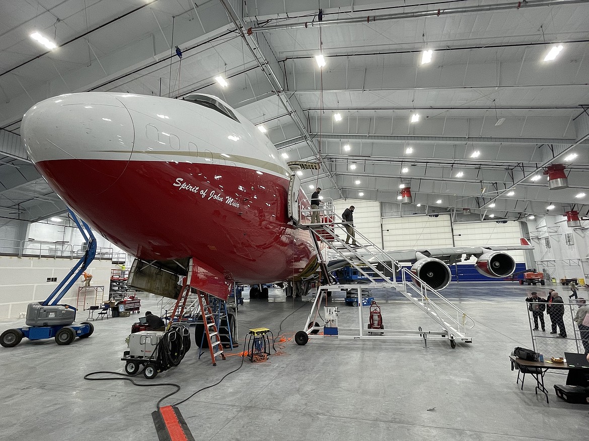 Work in underway on the Global Supertanker, a 747 converted as an aerial firefighting tanker, at AeroTEC's new jumbo jet hangar at the Grant County International Airport in Moses Lake. If all goes as planned, maintenance work should be finished by the end of March.