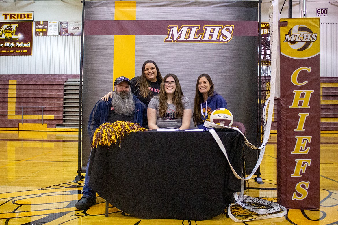 Moses Lake senior Samantha Shelton was joined on her left by her dad and stepmom, Josh and Carla Shelton, and her mom, Jamie Flint, on her right after she made her college decision official in the MLHS Chiefs Gym on Saturday afternoon.
