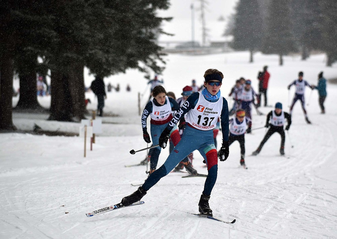 Ethan Amick skis in the 4K race Saturday morning during Glacier Nordic Center’s Winter Carnival freestyle ski race at Whitefish Lake Golf Club. (Heidi Desch/Whitefish Pilot)