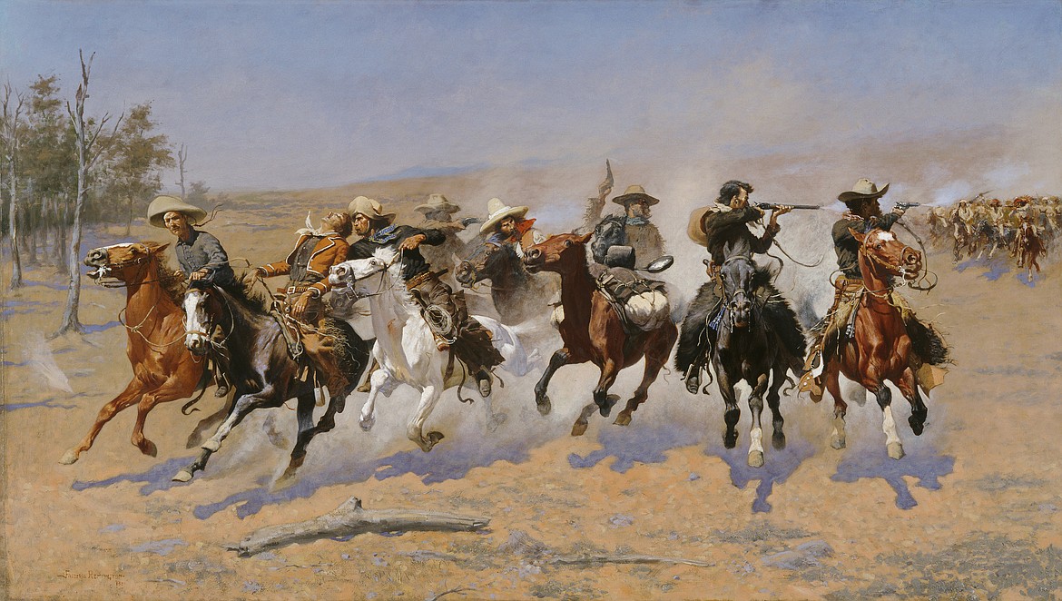 “A Dash for the Timber” 4-by-7-foot painting by Frederic S. Remington (1861-1909) depicting “anxious flight and vigorous pursuit” during the Apache Wars (1889).
