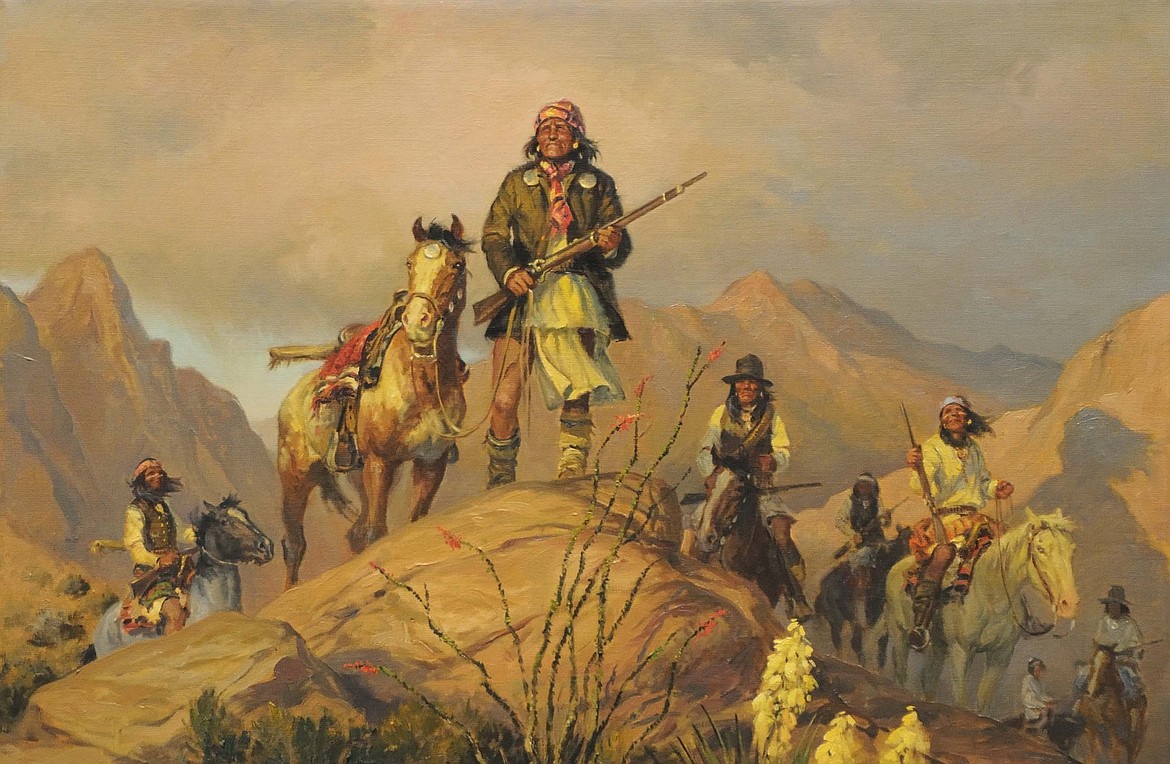 “Geronimo with His Band in the Chiricahua Mountains” painting by Charlie Dye (1906-1972).