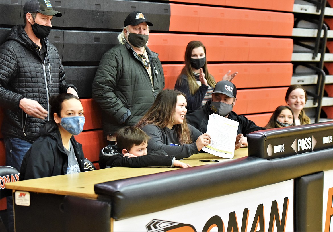 Macao Jackson signed her letter of intent last week while surrounded by family members and the Ronan softball coaching staff. (Scot Heisel/Lake County Leader)
