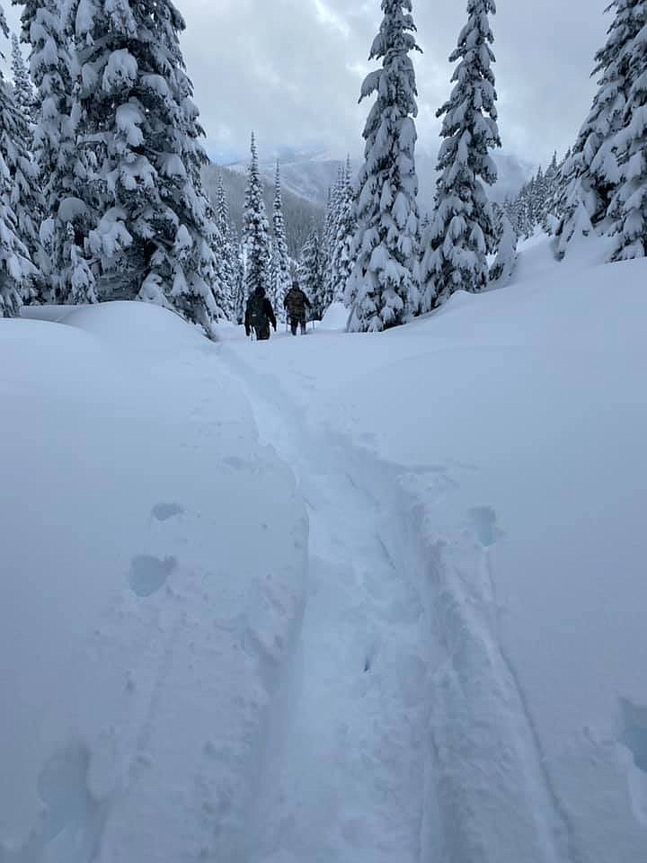 Search and rescue volunteers worked from 7 p.m. to 5 p.m. clearing trails in search of Ed and Kelly, Travis Schneider wrote in a Facebook post. His group eventually located Ed's tracks and a snow cave which they had originally missed by approximately 200 yards. Courtesy TRAVIS SCHNEIDER/FACEBOOK