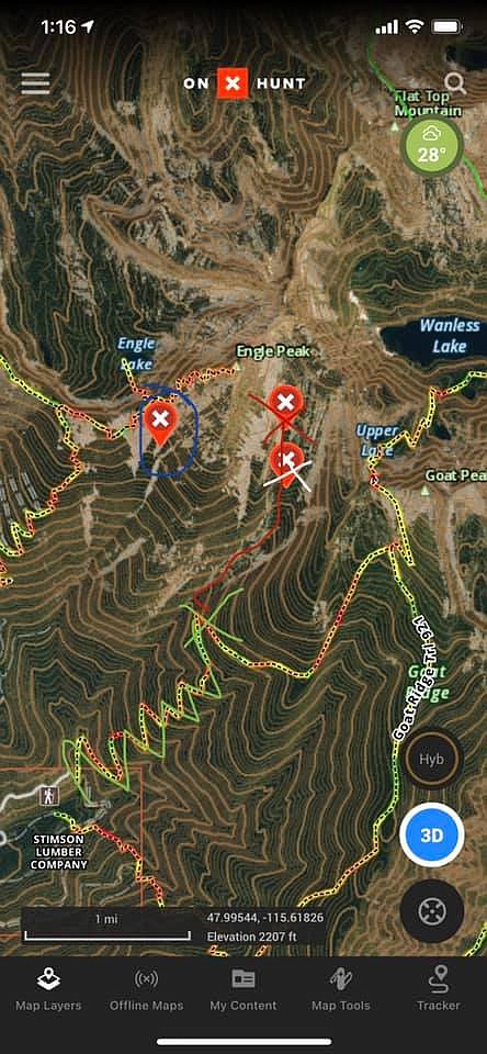 A screenshot of a map shows the areas where search and areas where search and rescue teams hiked, and Ed and Kelly's location. the red x shows where Kelly's location was originally placed, and the blue circle indicates the correct location where Kelly was found. The green shows the trail where rescue teams hiked up to Wanless Lake Trail, and the red line their path after that. The white x indicates where Ed's tracks were found, which the search party originally missed by roughly 200 yards. Courtesy TRAVIS SCHNEIDER/FACEBOOK