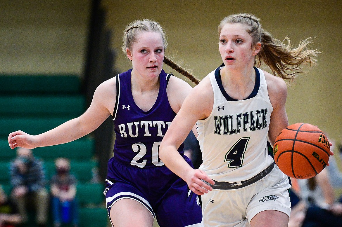 Glacier's Kaylee Fritz (4) brings the ball upcourt ahead of Butte's Tylar Clary (20) at Glacier High School on Thursday. (Casey Kreider/Daily Inter Lake)