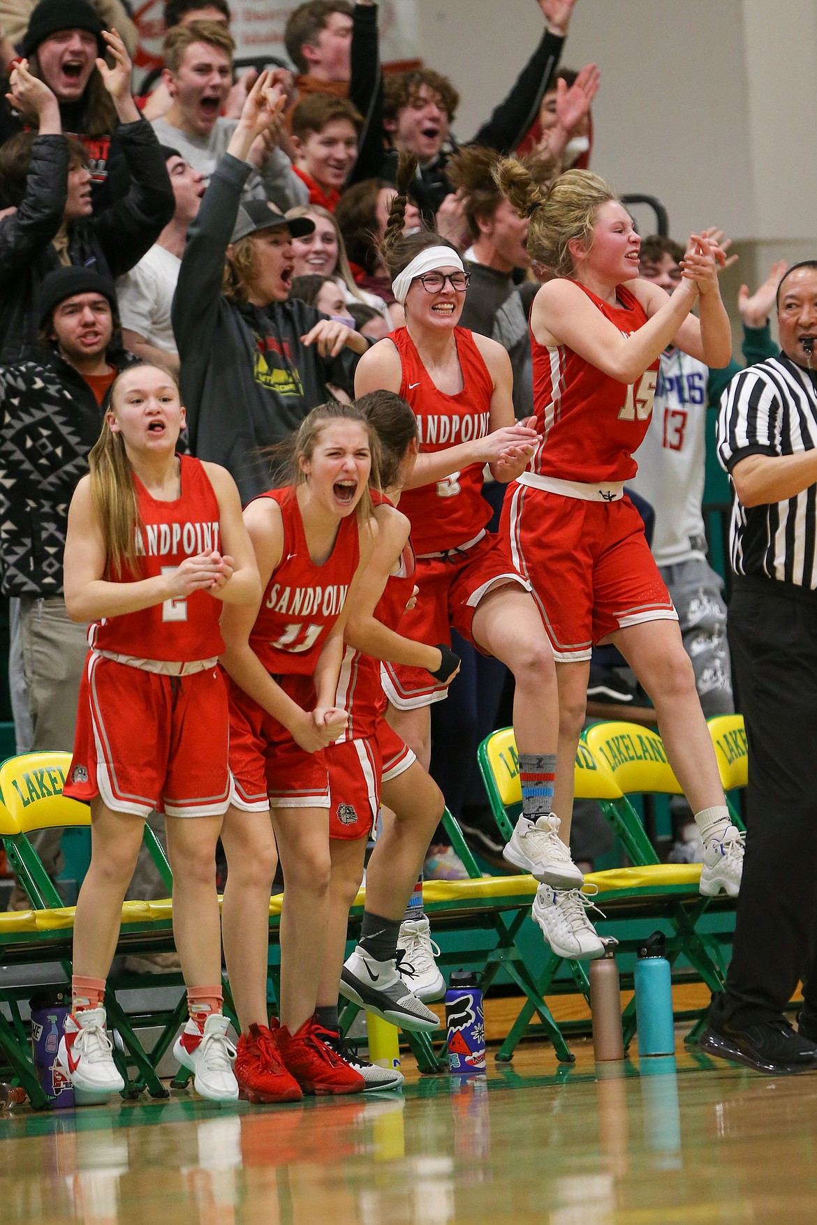 The Sandpoint bench goes nuts during Saturday's game.