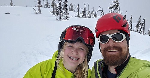 Ed and Kelly Moellmer, of Bonners Ferry, Idaho, shared a photo from a ski trip in 2020. On Feb. 6, the two were skiing on Engle Peak in Sanders County when Ed fell off a cornice and broke his back. Rescuers from Montana and Idaho worked to bring them out of the wilderness and home to safety. (Photo courtesy Ed Moellmer)