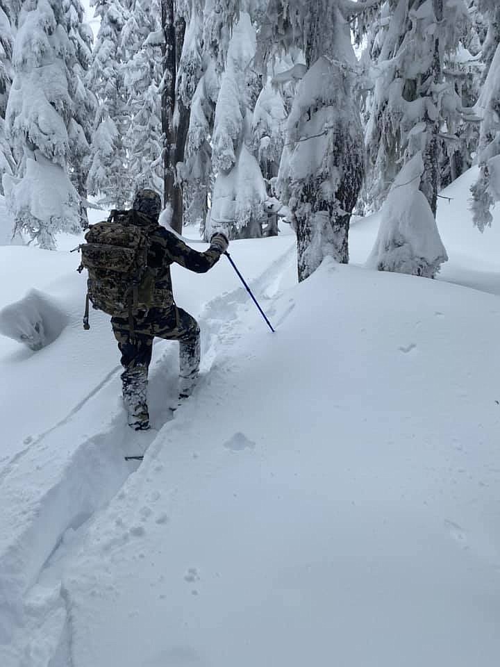 One of the hundreds of people who worked to help rescue an Idaho father and daughter from the Engle Peak area in Sanders County, Montana, traverses deep snow. (Photo courtesy Travis Schneider)