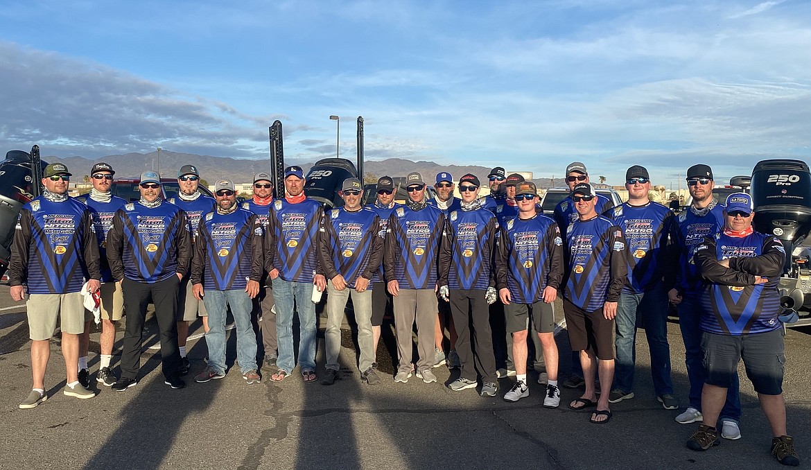 Courtesy photo
Team Idaho placed second out of nine teams at the BASS Western Regional Qualifier on Feb. 3-5 on Lake Havasu in Arizona. From left are Harrison Bertsch, Cole Schneider, Christian Hanson, Travis Brewster, Mat Cole, Josh Ragan, Justin Soppe, Tony McCalmant, Don Hull, Bob Yelland, David Bertsch, Luke White, Don Dethloff, Dustin Frank, Walker McElvany, Taylor Hulstrom, Kenny Carver, Jess Pottenger, Jag Griffin and Benny Mellow.