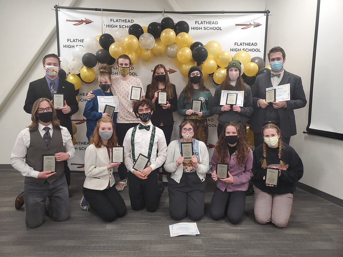 Flathead High School speech and debate national qualifiers include (front row, left to right) Rylin Wilde, Kadence Johnson, James Francis, Bethany Nairn, Neila Lyngholm and Ella McGuffie (back row) Alan Taylor, Adina Lockwood, Aiden Christy, Eva Bruce, Scout McMahon, Leah Spangler and Carson Robison. (Photo provided by Shannon O'Donnell)