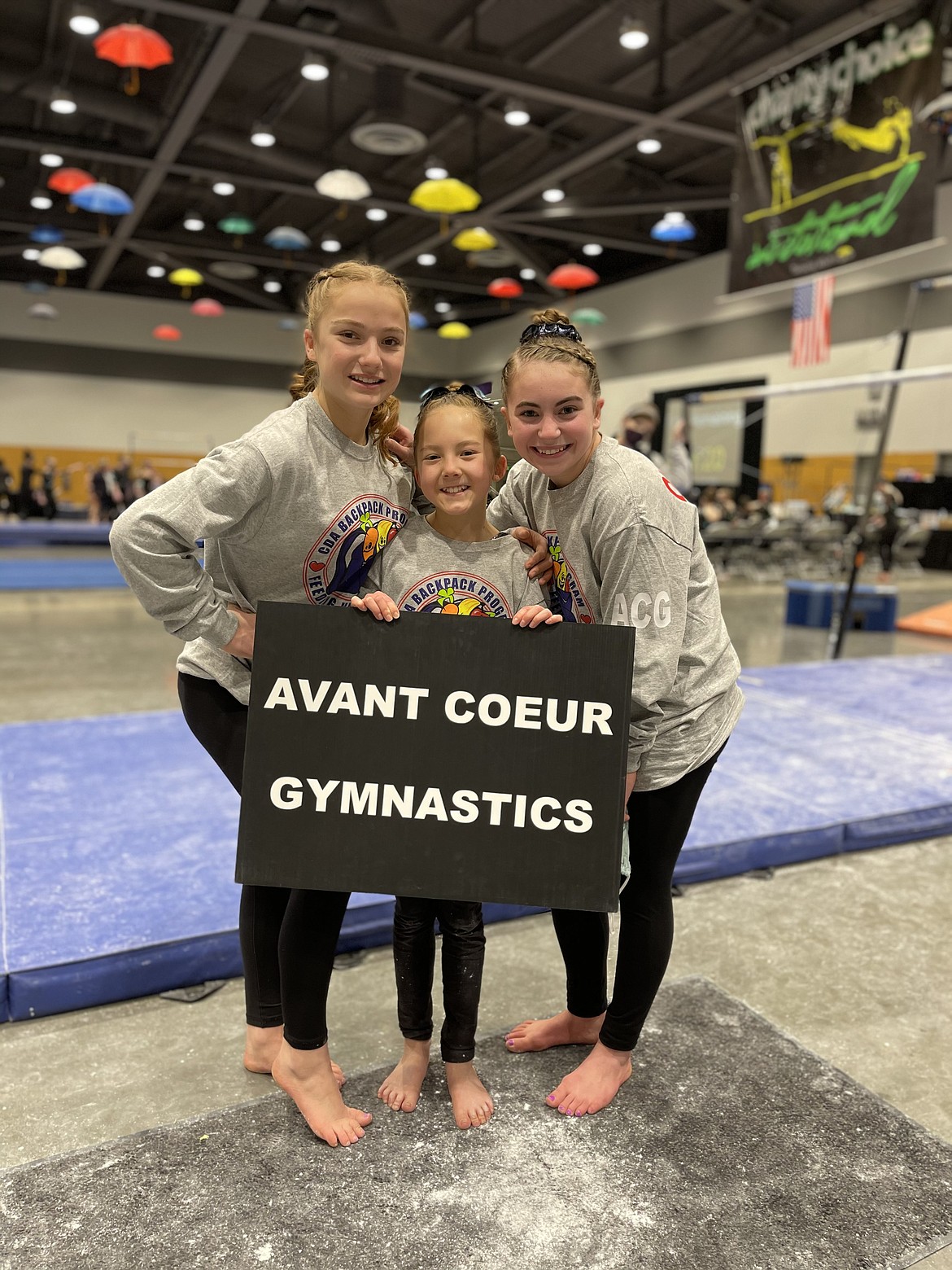 Courtesy photo
Avant Coeur Gymnastics Level 9s at the Charity Choice Invitational in Tacoma, Wash., which is a meet where different clubs represent and support different charities and causes around the country. From left are Lily Call, Lavi Crain and McKell Chatfield.