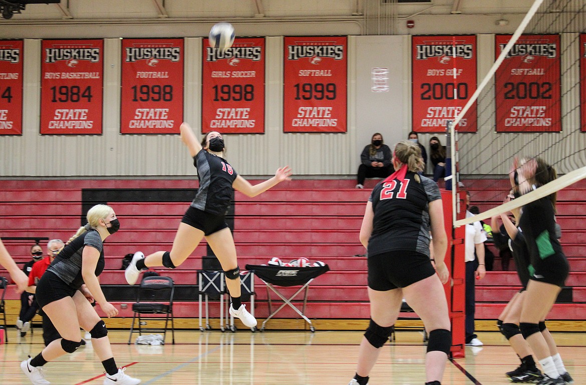 Othello outside hitter Natalie Martinez soars for the kill in the 3-0 win over East Valley (Spokane) on Thursday night at Othello High School.