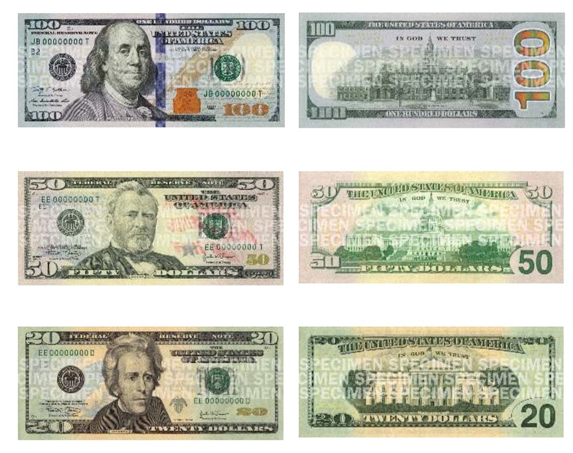Образцы долларовых купюр