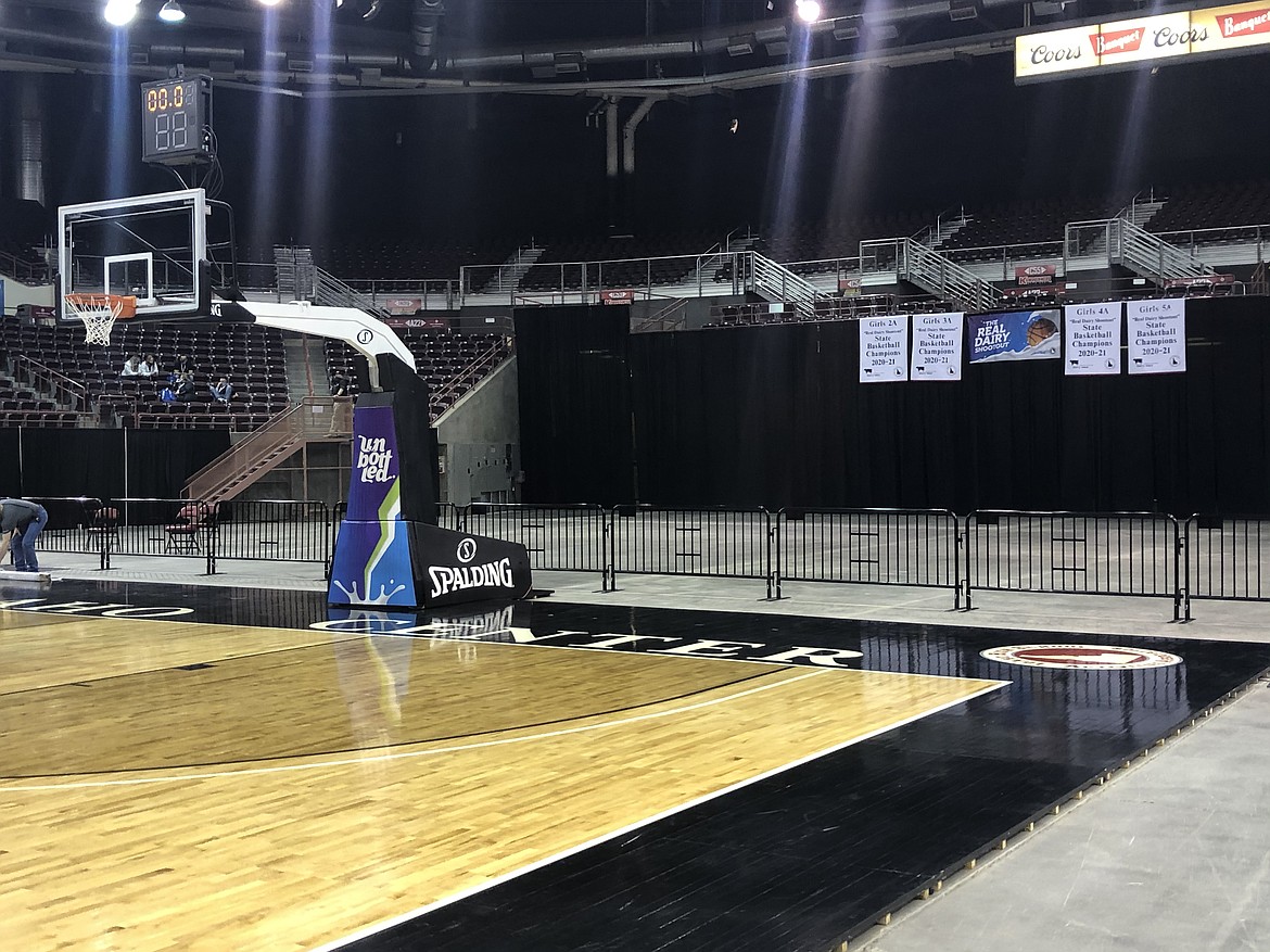 JASON ELLIOTT/Press
Due to COVID-19 protocols, meeting areas behind the service entrance at the Ford Idaho Center in Nampa have been removed for this year's state basketball tournament. Unlike previous years, fans are not allowed on the arena floor following games as crews clean and sanitize for following game.