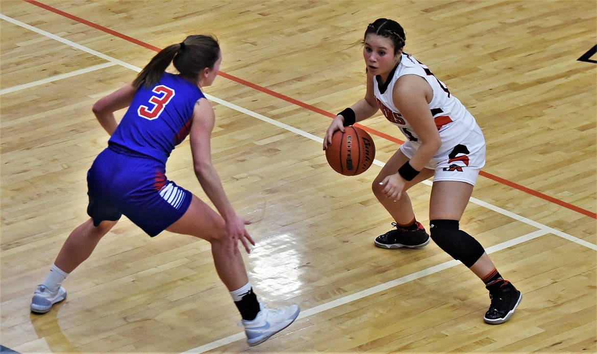 Junior guard Ari Burke looks for an opening against Columbia Falls. (Scot Heisel/Lake County Leader)