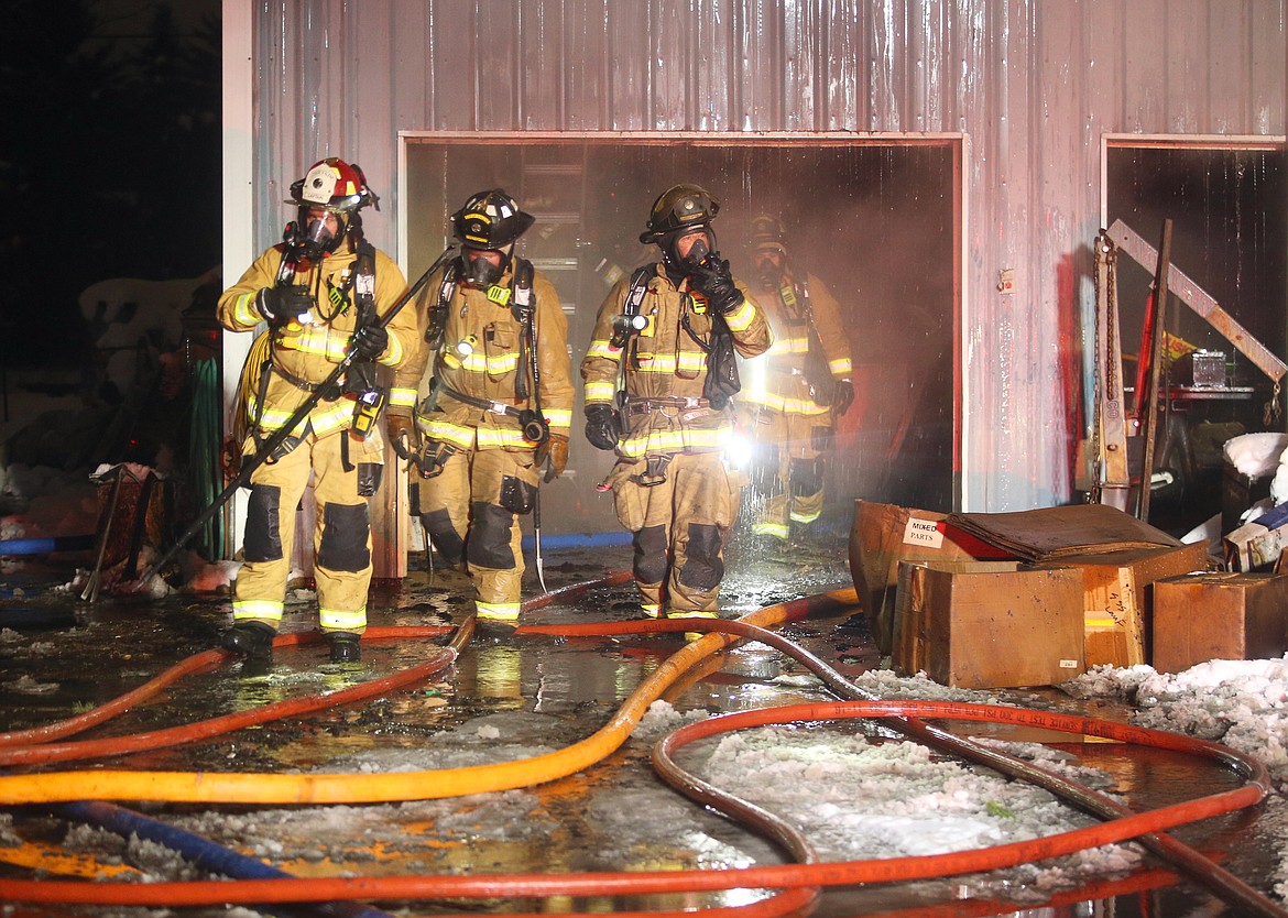 Coeur d'Alene firefighters leave a shop on W. Cherry Lane after battling a fire that started there about 5 p.m. Friday. They had the fire under control within an hour as they worked in 30-degree conditions. "It's definitely contained and knocked down at this point," said Craig Etherton, fire inspector, outside the structure about 6 p.m. The cause of the fire remains under investigation. The shop owner was in a trailer next door when the fire started and was alerted by a police offer. There were no injuries reported. Kootenai County Fire and Rescue also responded, as well as an ambulance from Northern Lakes Fire District
