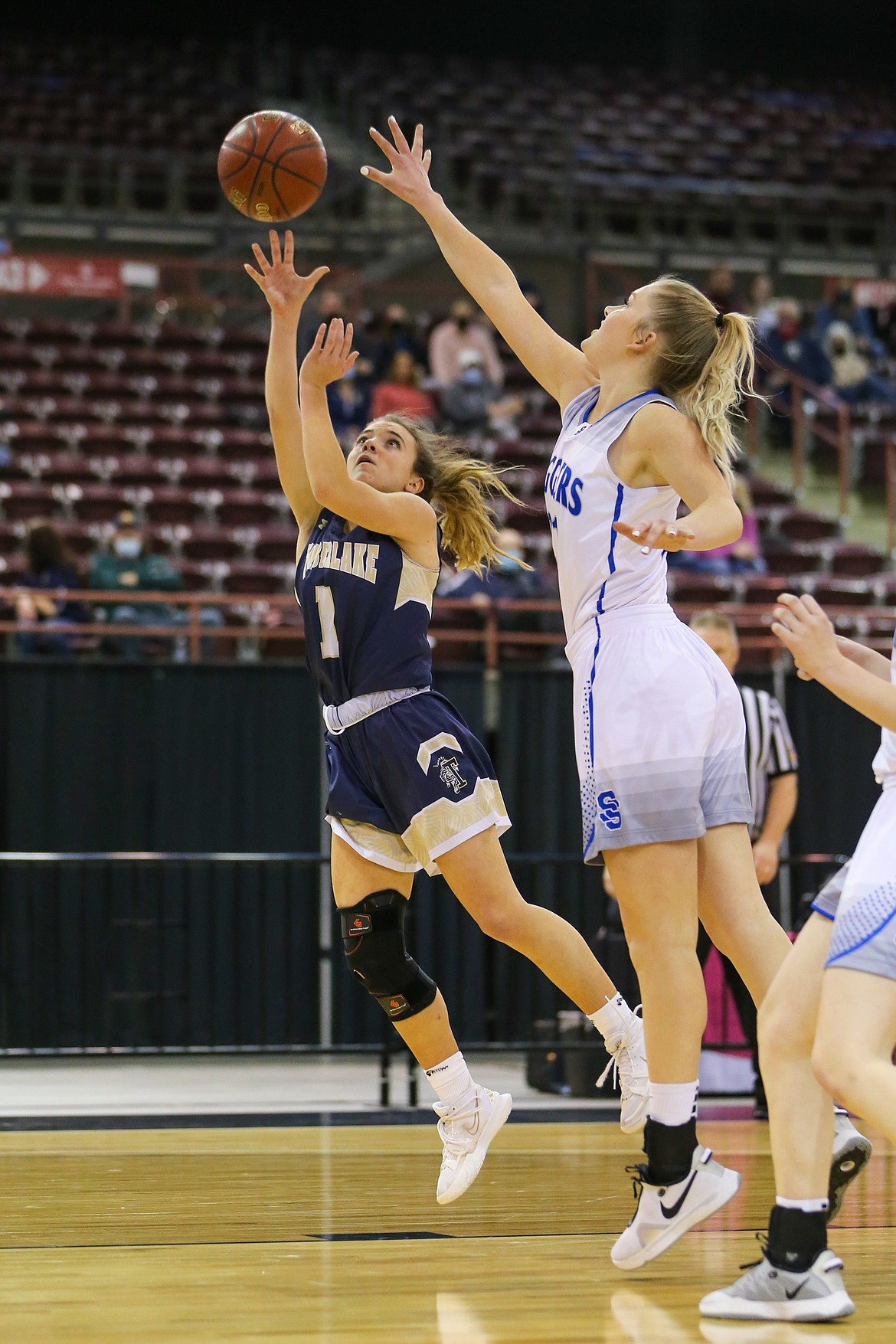 JASON DUCHOW PHOTOGRAPHY
Taryn Soumas (1) of Timberlake goes up for a layup against Sugar-Salem in the championship game of the state 3A girls basketball tournament Saturday at the Ford Idaho Center in Nampa.