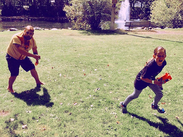 A camper tries to evade a hungry zombie.