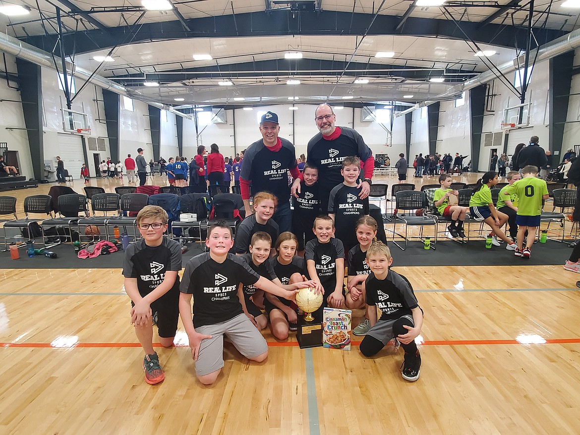 Courtesy photo
The FireHawks won the 3rd/4th grade Cereal Madness championship in the Real Life Sports basketball league at The Courts at Real Life in Post Falls. In the front row from left are Sam Hartman, Cash Roberts, Caleb Brumbach, Millie Chushman, Lincoln Hoy, Peyton, Molinari and Austin Perkins; back row (players), Sierra Molinari, Jude Zender, Jacob Palmer; and back row (coaches), coach Zach Brumbach and coach Steve Palmer.