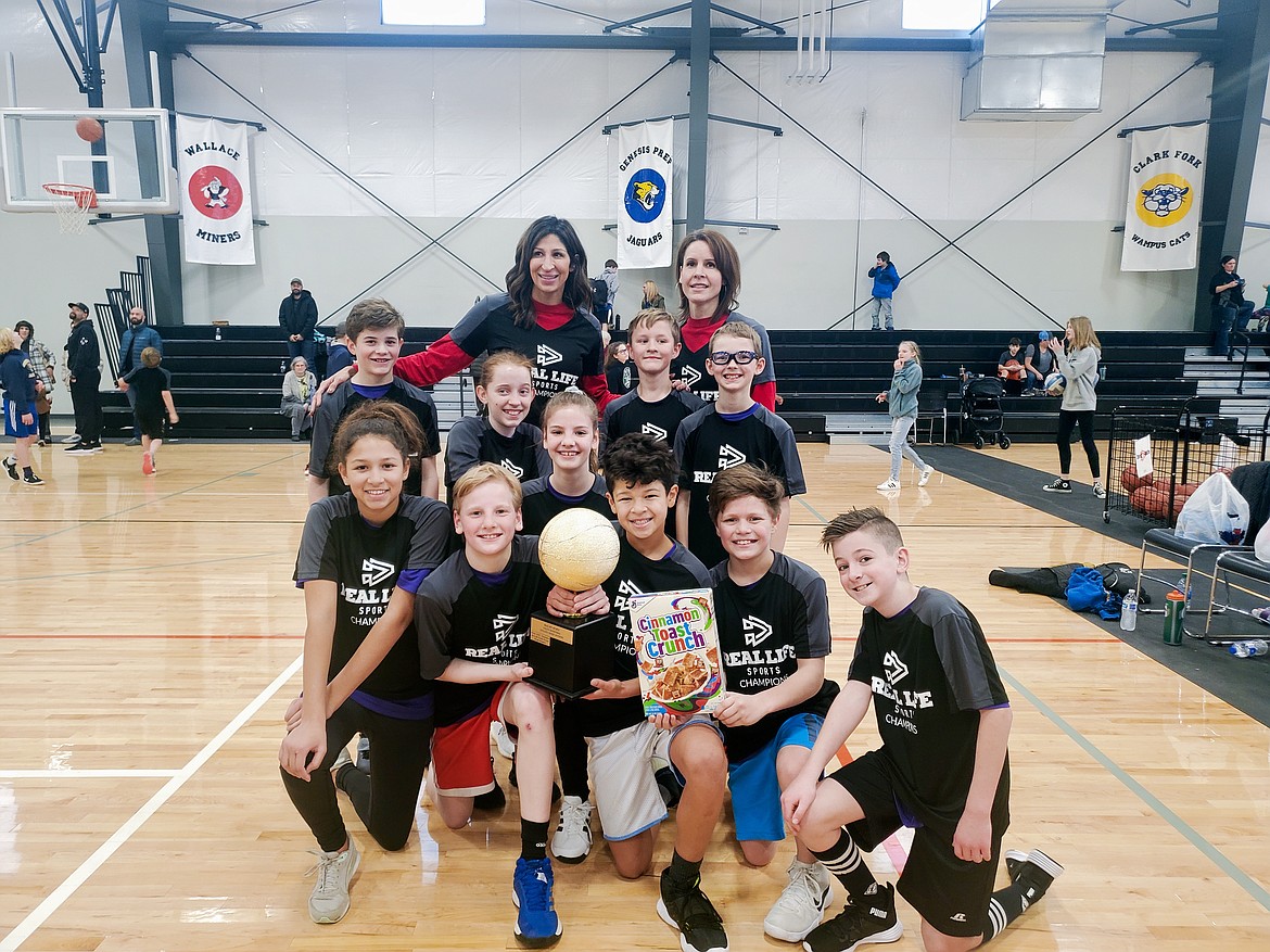 Courtesy photo
The Hustle Buckets won the 5th/6th grade Cereal Bowl championship in the Real Life Sports basketball league at The Courts at Real Life in Post Falls. In the front row are Cale Blood, Trey Love, Sawyer Bateman and Andy Cox; middle row from left, Lucy Love and Zuri Blood; and back row from left (players), Griffin Hartman, Colbea Short, Eyan Rubert and William Hernas; and back row from left (coaches), coach Emily Love and coach Joey Blood.