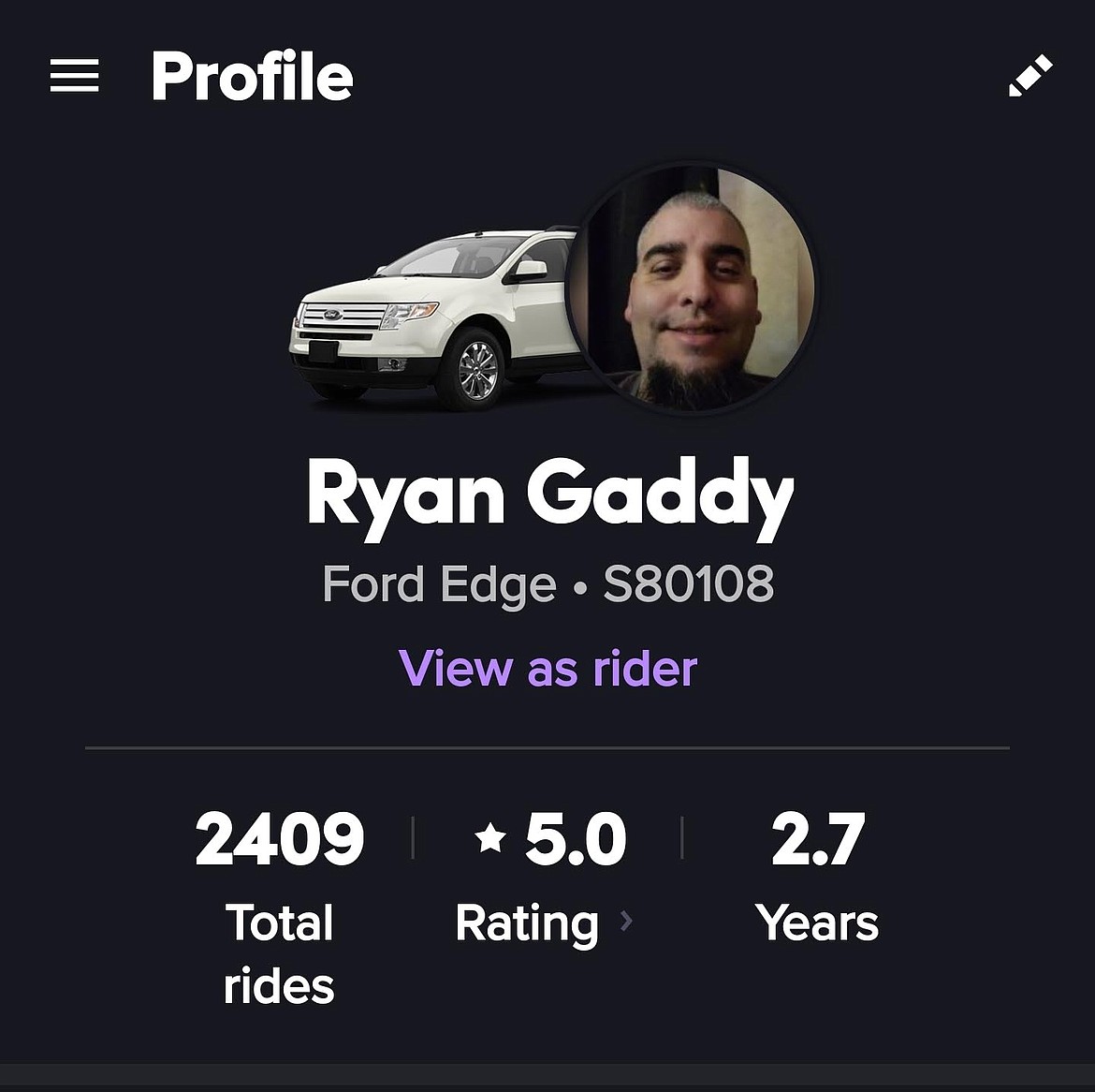 Ryan Gaddy's Lyft profile shown on the app.