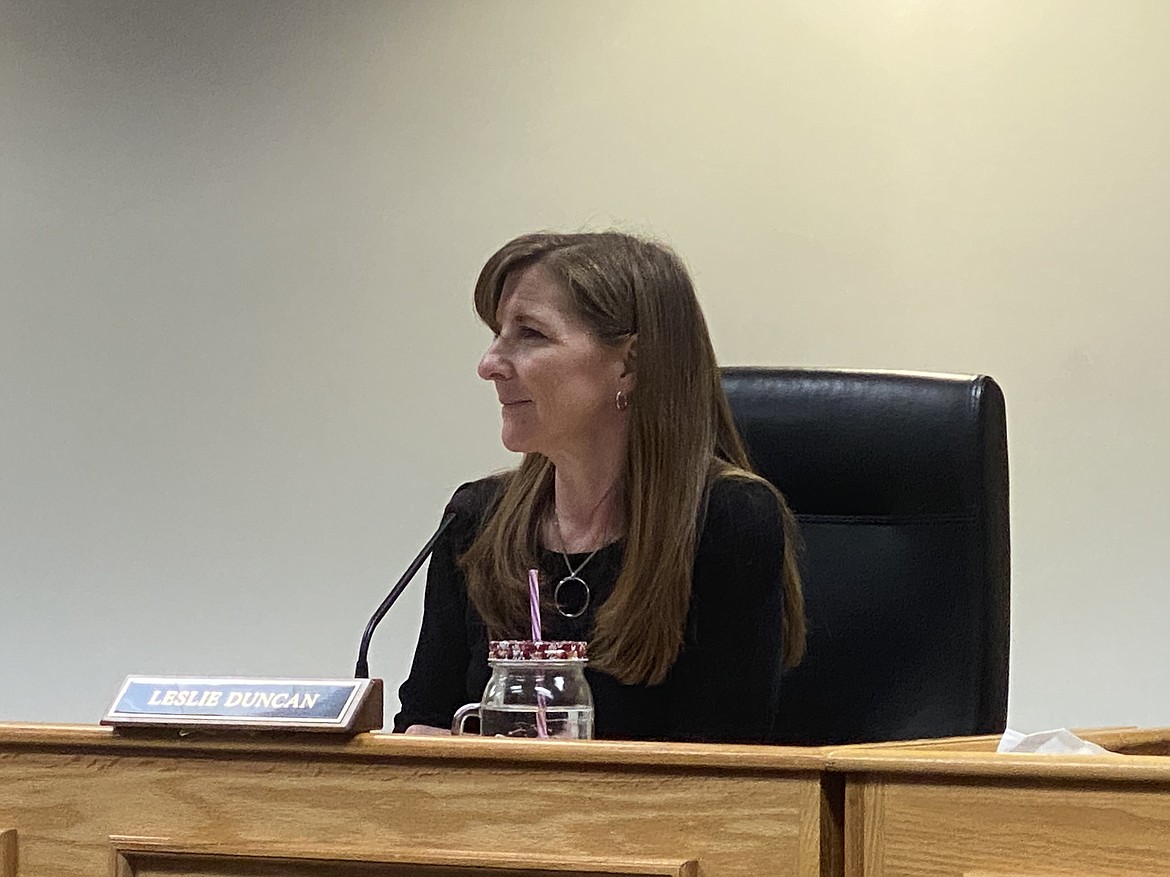 Commissioner Leslie Duncan stresses the importance of the county's future attorney center during a meeting Monday with planners and elected officials. (MADISON HARDY/Press)