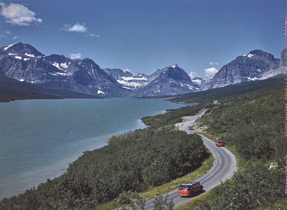 Buses Along Sherburne Lake circa 1950- photo by Fred Noble for the Great Northern Railway (credit- NPS GLAC_11104)