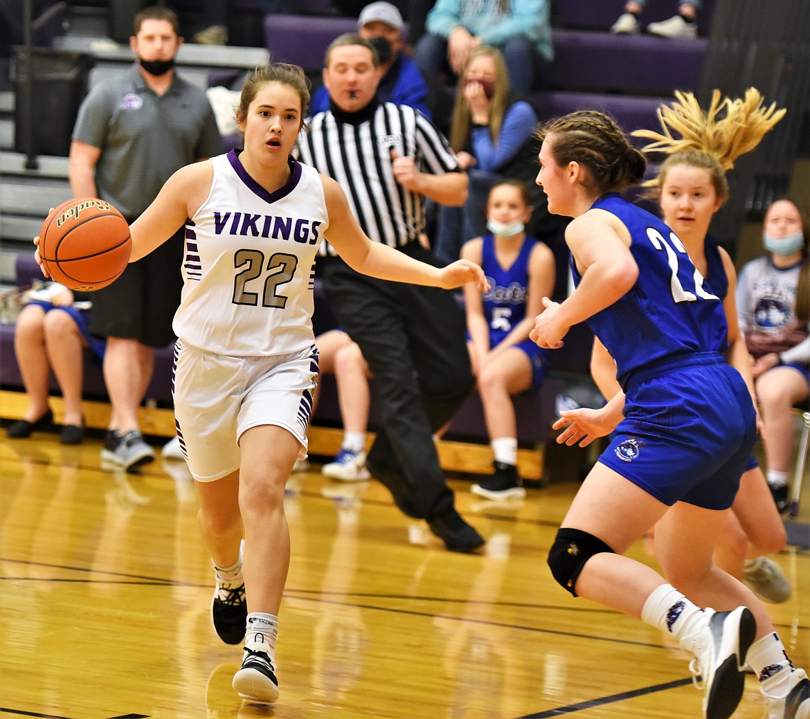 Mila Hawk looks to go inside against the Clark Fork defense. (Scot Heisel/Lake County Leader)