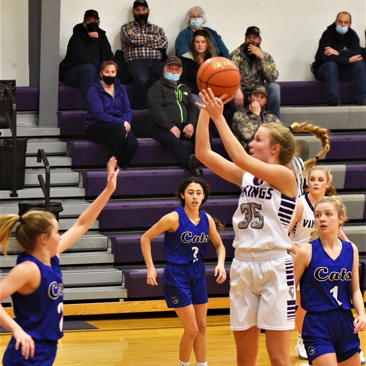 Carlee Fryberger puts up a jumper against Clark Fork. (Scot Heisel/Lake County Leader)