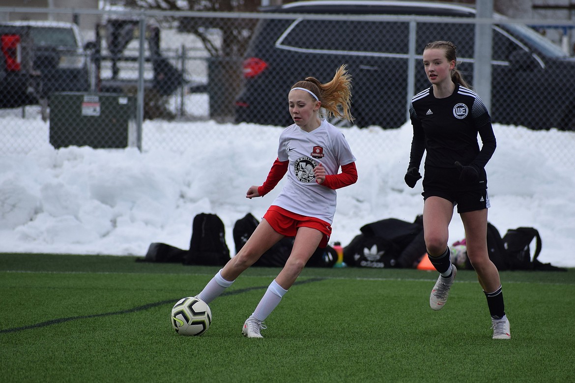 Photo by MARCEE HARTZELL
The Thorns North FC Girls 07 Red soccer team defeated Washington East G07 Sandobal 2-1 on Sunday. Natalie Thompson scored on a long cross from outside the 18 from Riley Brazle. Kyndall Dolin (pictured) scored the second goal for the Thorns from a deflection in front of the box.