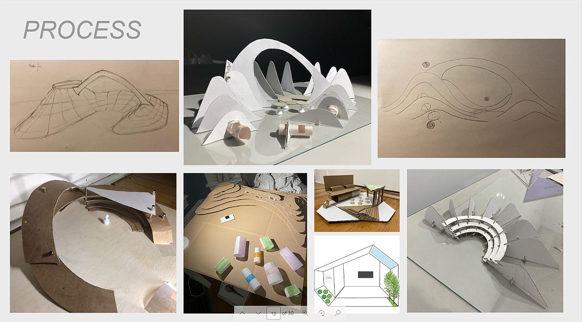 A presentation slide shows some of the preliminary designs for an outdoor learning space at Washington Elementary.